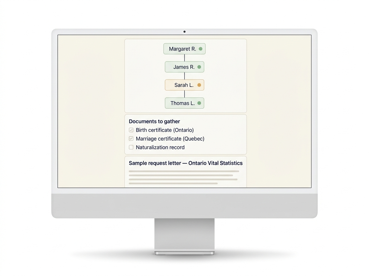 Sample output from the AI Citizenship Assistant — ancestry chain, document checklist, sample request letter